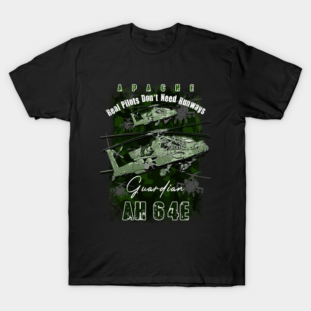 AH64 Apache Us Air Force  attack helicopter with cool saying REAL PILOTS DON'T NEED RUNWAYS T-Shirt by aeroloversclothing